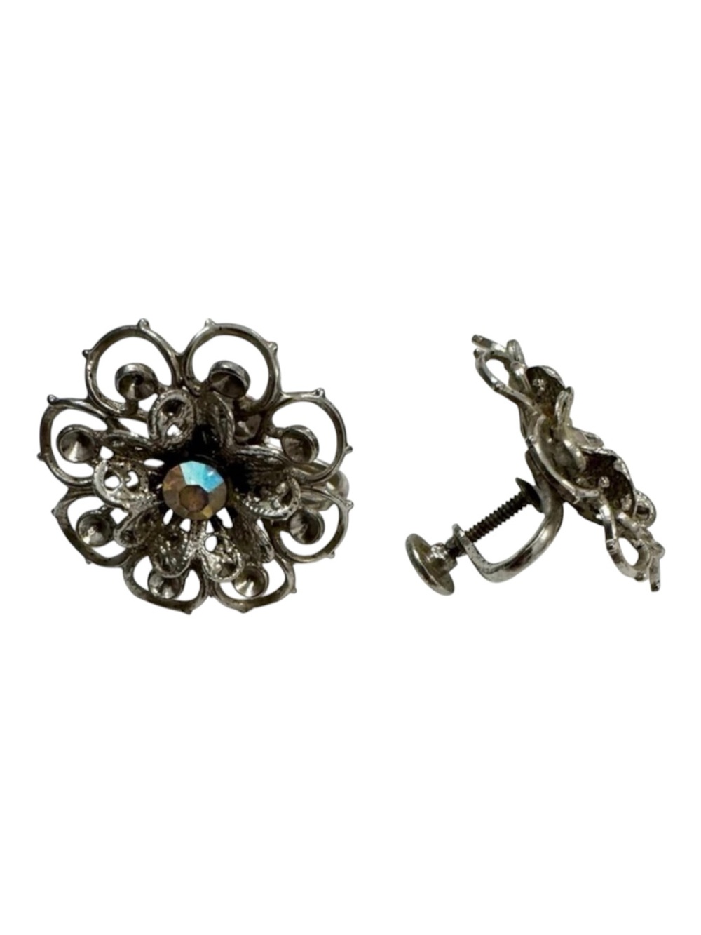 Vintage Screw Back Silver Tone Flower Rhinestone Earrings Non-Pierced Ears